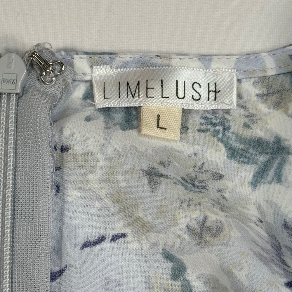 Limelush Bubble Sleeve Floral Mini Dress Womens Size L Blue White V Neck Cut Out - Picture 3 of 9